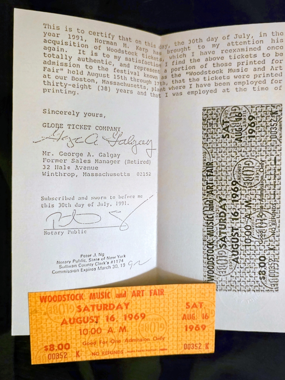 2 ORIGINAL Woodstock Tickets w/Certification Letter For Each Ticket, 1969, 2 Pcs